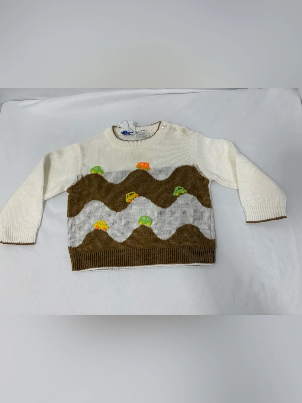 Vintage 1980’s  Little Angel White & Brown Baby Sweater with Colorful Car Motif